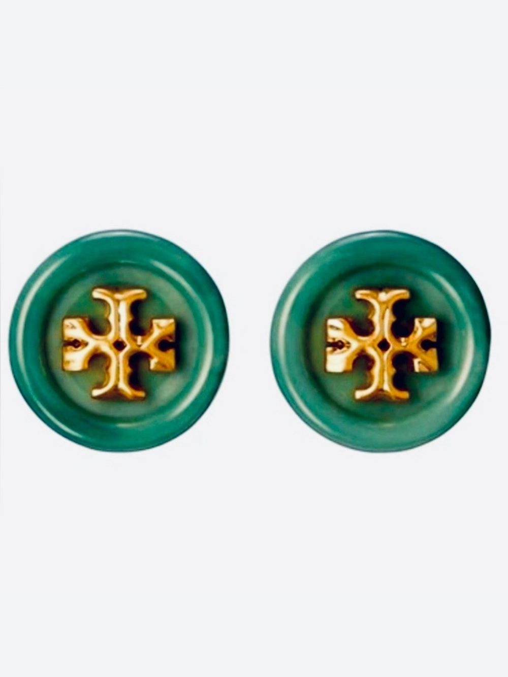 TORY BURCH ROXANNE LOGO GREEN BUTTON STUD EARRINGS